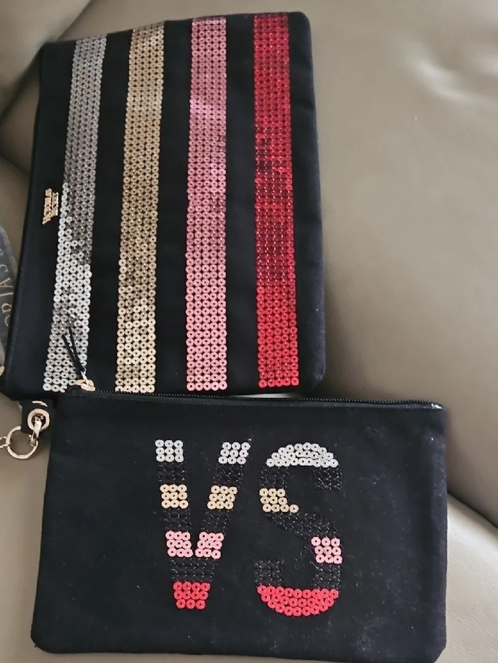 NWT 3 Victoria's Secret Black Sequin Stripe Pouch (Trio)